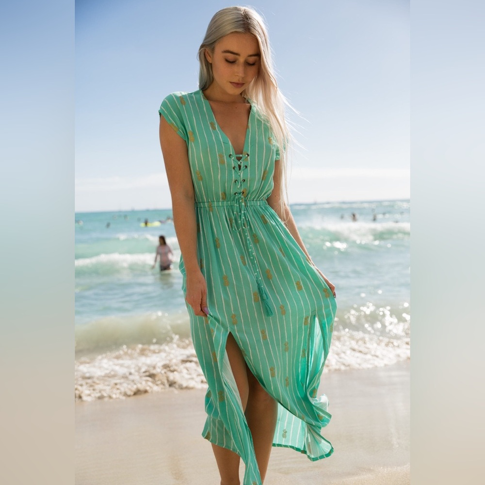 Angela by the sea pineapple Striped midi Dress nwot
